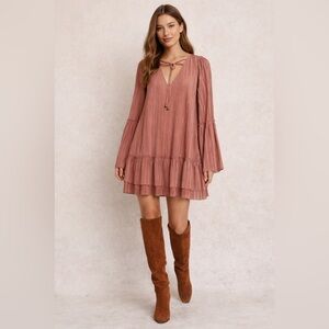 Free People Can't Help It Plisse Pleated Mini Dress Mauve L Bell Sleeves